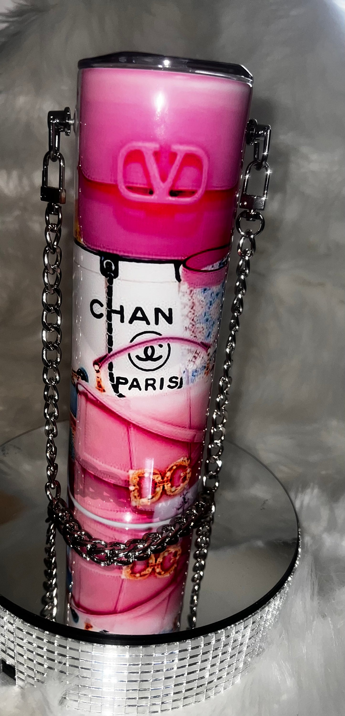 Pink designer purse 20oz Tumbler with chain